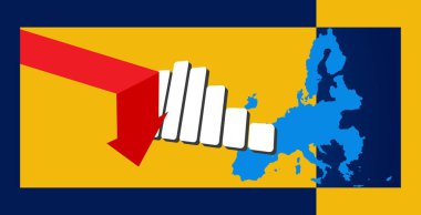 creative downtrend red arrow, national colors the European Union as background as economy and crisis and decrease clipart