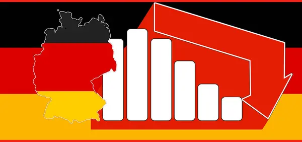 yaratıcılık eğilimi kırmızı ok, Almanya ve Avrupa Birliği 'nin ulusal renkleri ekonomi ve kriz olarak arka plan ve düşüş