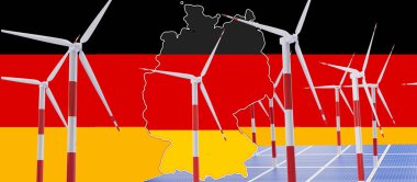 Rüzgar türbinleri ve güneş panelleri Almanya 'nın bayrak arka planında 3D-illüstrasyon, Alman güneş enerjisi