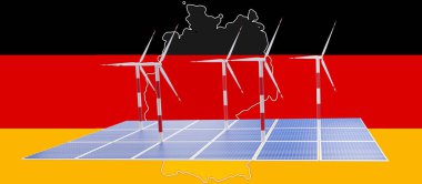 Almanya bayrağı üzerinde güneş sistemi olarak rüzgar türbinleri ve güneş sistemleri