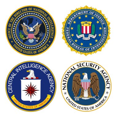 Amerikan İstihbarat Teşkilatı, FBI, CIA ve NSA 'in yüksek kalite sembolleri de dahil olmak üzere vektör logoları