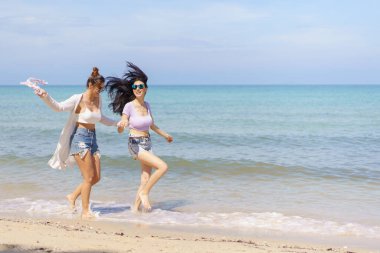 Mutlu kadın çift ya da biseksüel çift kumsalda birlikte yürümekten hoşlanırlar, kadınlar el ele tutuşup plaj boyunca koşarlar. LGBTQ insanları kavramı.