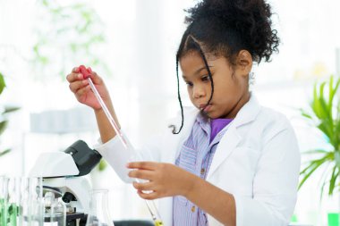 Güzel liseli kız fen laboratuarı sınıfında bilim deneyi yapmak için sabırsızlanıyor. İspanyol asıllı - siyah etnik kız deney tüpüne sıvı örneği atıyor.