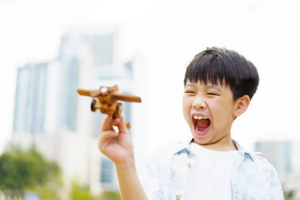 Asian Little Boy Playing Wooden Airplane Toy Dreamed Pilot Future — Stock Photo, Image