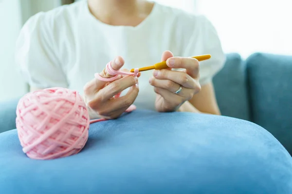 Happy Cheerful Asian Woman Doing Crochet Living Room Free Time — Stock Photo, Image