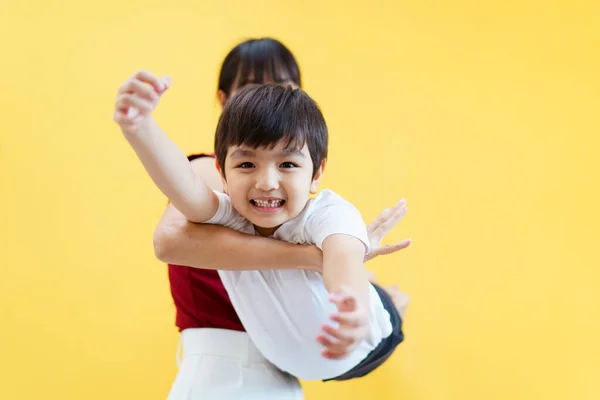 Happy Cheerful Asian Woman Little Young Boy Playing Together Woman — Stock Photo, Image