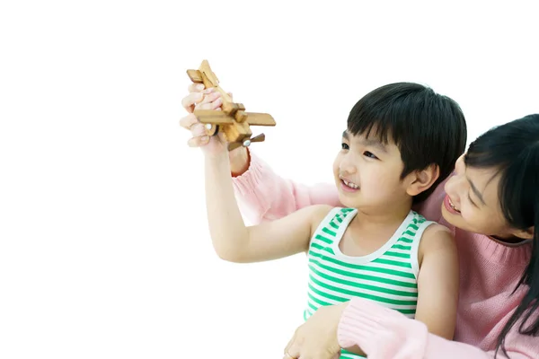 Happy Asian Little Young Boy Playing Wooden Airplane Toy His — Stock Photo, Image