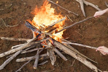 Mutlu Asyalı kadınlar kamp alanlarının yanında ateş yakar. Yemek ve sıcaklığa hazırlanırlar. Kadınlar kamp yapmaktan hoşlanır..