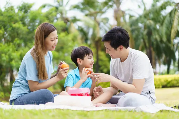 Mutlu Asyalı aile baba, anne ve küçük oğluyla birlikte parkta pikniğin keyfini çıkarın. Mutlu aile anları konsepti. Ebeveynleri ve çocukları parkta birlikte dinleniyorlar..