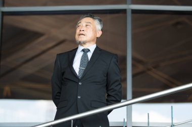 Zeki ve yakışıklı üst düzey Asyalı işadamı ofis koridorunda yürüyor. Resmi takım elbise giymiş yaşlı bir iş adamı. Kıdemli Asya CEO 'su.