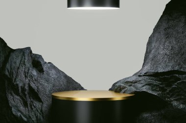 Arka planda doğal kaya olan 3D sunum kaidesi. Sunum podyumunun 3 boyutlu görüntüleme ve reklam amaçlıdır