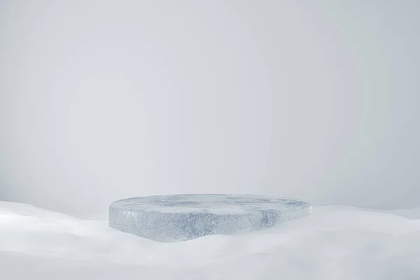 雪の背景に氷で作られた3Dプレゼンテーション台座 表示用又は広告用の表示用の表示用モックアップの3Dレンダリング — ストック写真