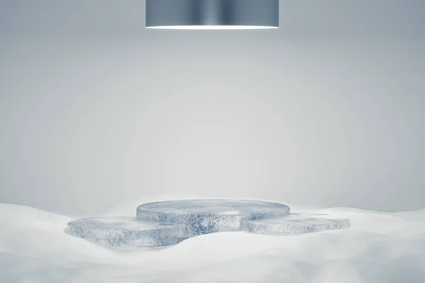 在雪地背景上用冰制成的三维演示台座 顶部灯光照明 3D为展示或广告目的模拟演示平台 — 图库照片