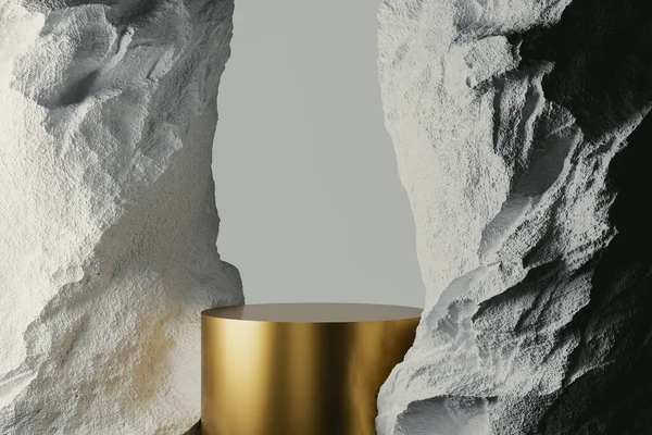 Pedestal Presentación Entre Dos Rocas Blancas Representación Maqueta Podio Presentación — Foto de Stock