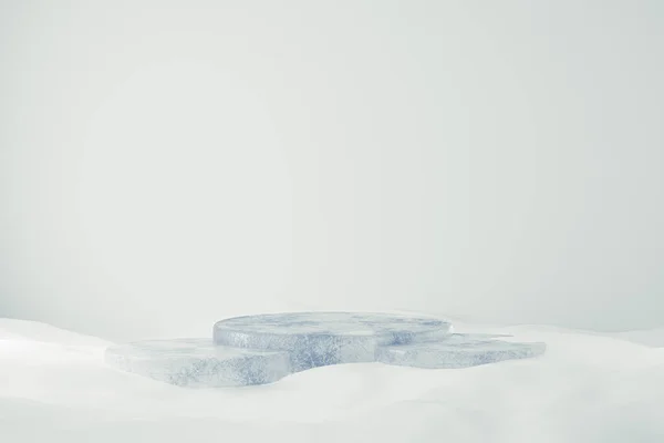 Prezentační Podstavec Ledu Sněhovém Pozadí Ozářený Horním Světlem Vykreslování Makety — Stock fotografie