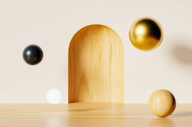 Üç boyutlu soyut sanat arka planı, ahşap zemin üzerinde kemerli beyaz duvar. Soyut sanatın 3D canlandırması