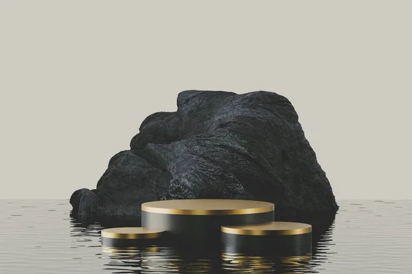Sunumu Suyun Içindeki Kaya Adası Üzerinde Sunum Podyumunun Boyutlu Görüntüleme — Stok fotoğraf