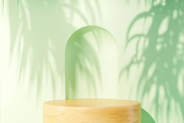 アーチと葉の影とパステルの壁に木で作られた3Dプレゼンテーション台座 表示用又は広告用の表示用の表示用モックアップの3Dレンダリング — ストック写真