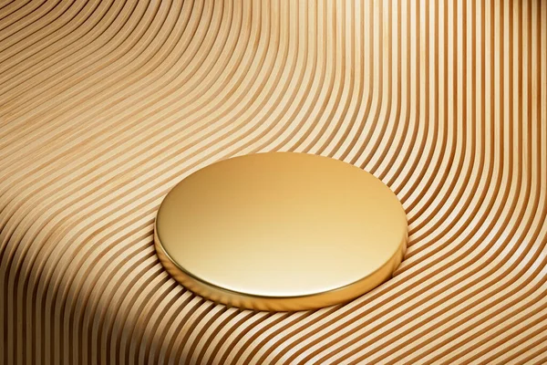Präsentationssockel Aus Gold Über Holzgrund Rendering Von Isometrischen Mockups Von — Stockfoto