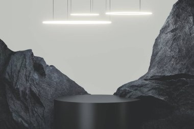 Arka planda doğal kaya olan 3D sunum kaidesi. Sunum podyumunun 3 boyutlu görüntüleme ve reklam amaçlıdır