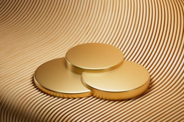 Tahta arka planda altından yapılmış 3D sunum. Gösterim veya reklam amaçlı sunum podyumunun 3d eşölçümlemesi