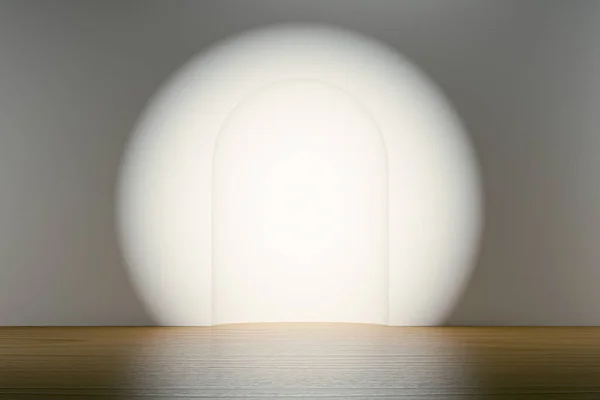 Szenehintergrund Mit Holzboden Über Weißer Wand Beleuchtet Durch Rundes Spot — Stockfoto