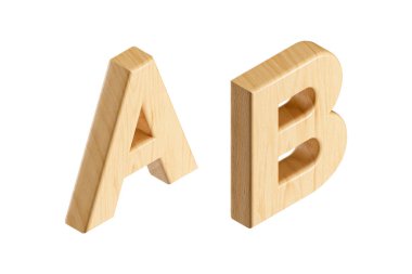 Tahtadan harfler. Beyaz arkaplanda izole edilmiş ahşap alfabenin 3d izometrik çizimi