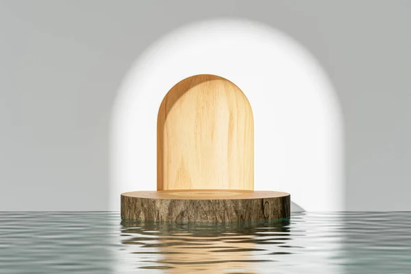 三维展示座 由白色墙壁上的木材制成 拱形反映在水中 3D为展示或广告目的模拟演示平台 — 图库照片