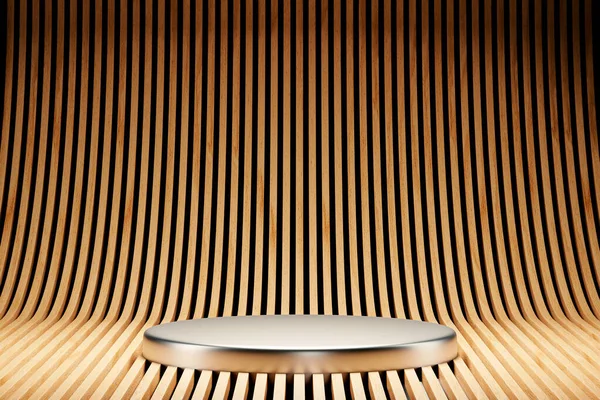 Konstrukcja Wykonana Metalu Drewnianym Tle Renderowanie Izometrycznej Makiety Podium Prezentacji — Zdjęcie stockowe
