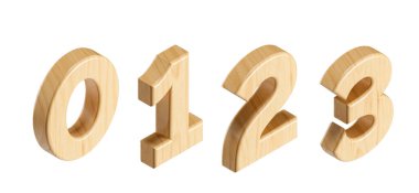 Tahtadan harfler ve rakamlar. Beyaz arkaplanda izole edilmiş ahşap alfabenin 3d çizimi