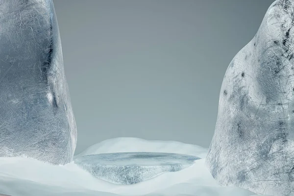 Detailní Záběr Prezentačního Podstavce Ledu Mezi Ledovými Kameny Vykreslování Makety — Stock fotografie