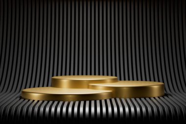 Siyah ızgara arka planında altından yapılmış 3D sunum kaidesi. Sunum podyumunun 3 boyutlu görüntüleme ve reklam amaçlıdır