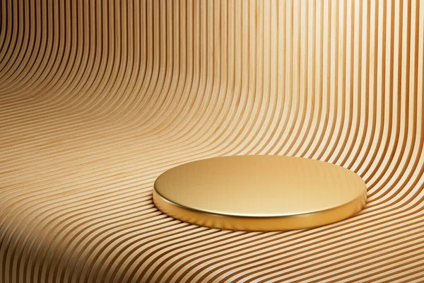 Pedestal Presentación Hecho Oro Sobre Fondo Madera Representación Maqueta Isométrica — Foto de Stock