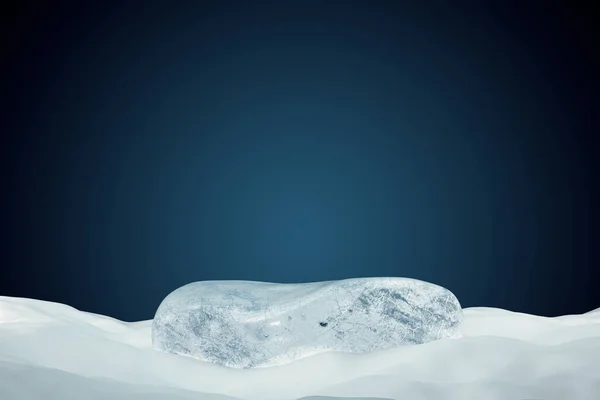 在雪地背景上用冰块制成的三维演示台或台 3D为展示或广告目的模拟演示平台 — 图库照片