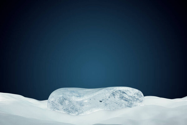 3d презентация пьедестала или dais из льда на фоне снега. 3D-рендеринг макета презентационного подиума для показа или рекламных целей