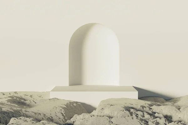 Pedestal Presentación Centro Las Piedras Sobre Fondo Blanco Pared Representación — Foto de Stock
