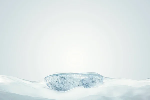 在雪地背景上用冰块做的3D演示基座 3D为展示或广告目的模拟演示平台 — 图库照片