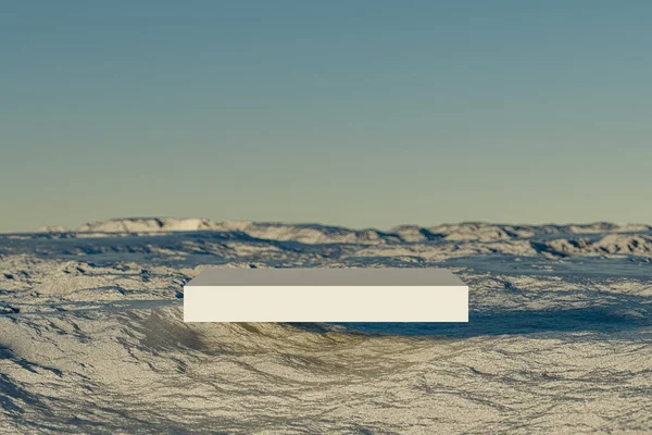 Презентація Квадратний Білий Єдестал Вирівнюється Над Фоном Гірського Ландшафту Візуалізація — стокове фото