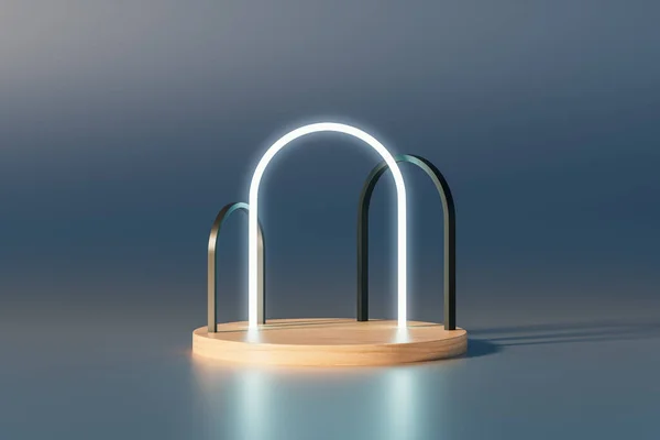 Presentación Pedestal Madera Con Arcos Sobre Fondo Metálico Representación Maqueta — Foto de Stock