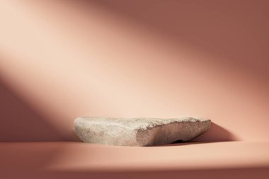 3D sunum kaidesi ya da pembe odadaki kayadan yapılmış güneş ışığıyla aydınlatılmış küreler. Sunum podyumunun 3 boyutlu görüntüleme ve reklam amaçlıdır