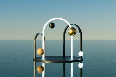 3D sunumu ahşap kaide ve deniz manzarası üzerinde kemerler. Soyut sürrealist sahne. Sunum podyumunun 3 boyutlu görüntüleme ve reklam amaçlıdır