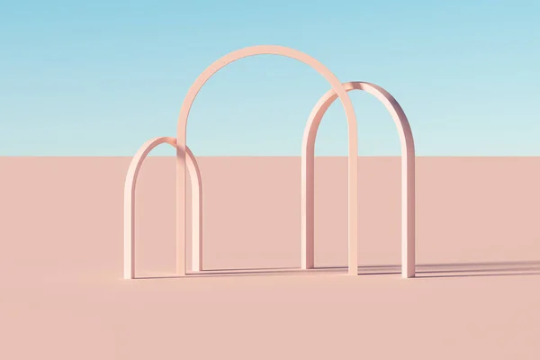 Surrealistische Presentatie Roze Vlakke Landschap Achtergrond Met Drie Bogen Weergave — Stockfoto