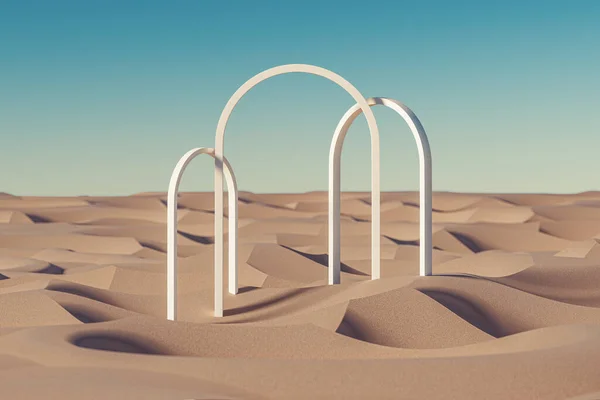 Surrealistische Presentatie Woestijn Landschap Achtergrond Met Drie Bogen Weergave Van — Stockfoto