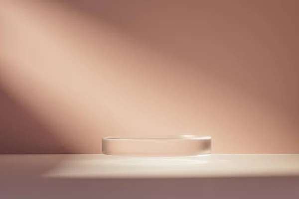 Presentation Pedestal Dais Made Glass Levitating Pink Room Illuminated Sunlight — Stock Photo, Image