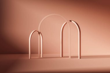 3D sürreal sunum. Üç kemerli pembe düz arka plan. Sunum podyumunun 3 boyutlu görüntüleme ve reklam amaçlıdır