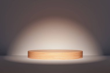 3 boyutlu sunum arkaplanı, güneş ışığıyla aydınlatılmış odada kaidesi veya kürsüsü var. Sunum podyumunun 3 boyutlu görüntüleme ve reklam amaçlıdır