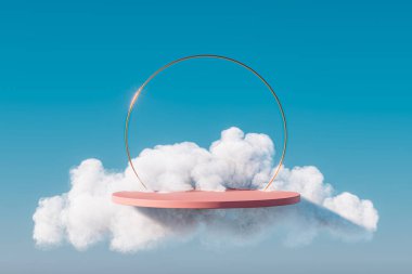 3D sürreal sunum pembe kaide daire çerçeveli bulutlar içinde havada süzülüyor. Sunum podyumunun 3 boyutlu görüntüleme ve reklam amaçlıdır