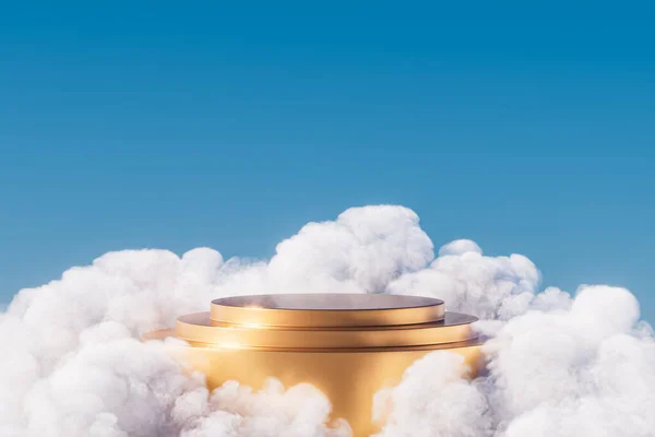 stock image 3d surreal presentation golden pedestal levitating in the air in clouds. 3d rendering of mockup of presentation podium for display or advertising purposes