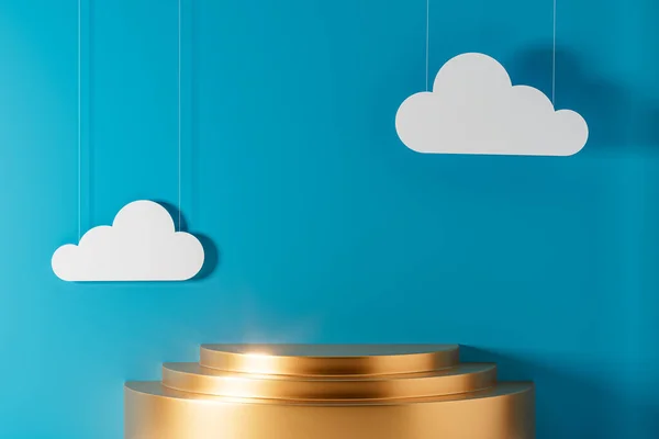 Surrealistyczna Prezentacja Złoty Postument Lewitujący Powietrzu Chmurach Renderowanie Makiety Prezentacji — Zdjęcie stockowe
