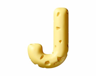 Peynirden yapılmış mektuplar. Beyaz arkaplanda izole edilmiş üç boyutlu sarı alfabe çizimi